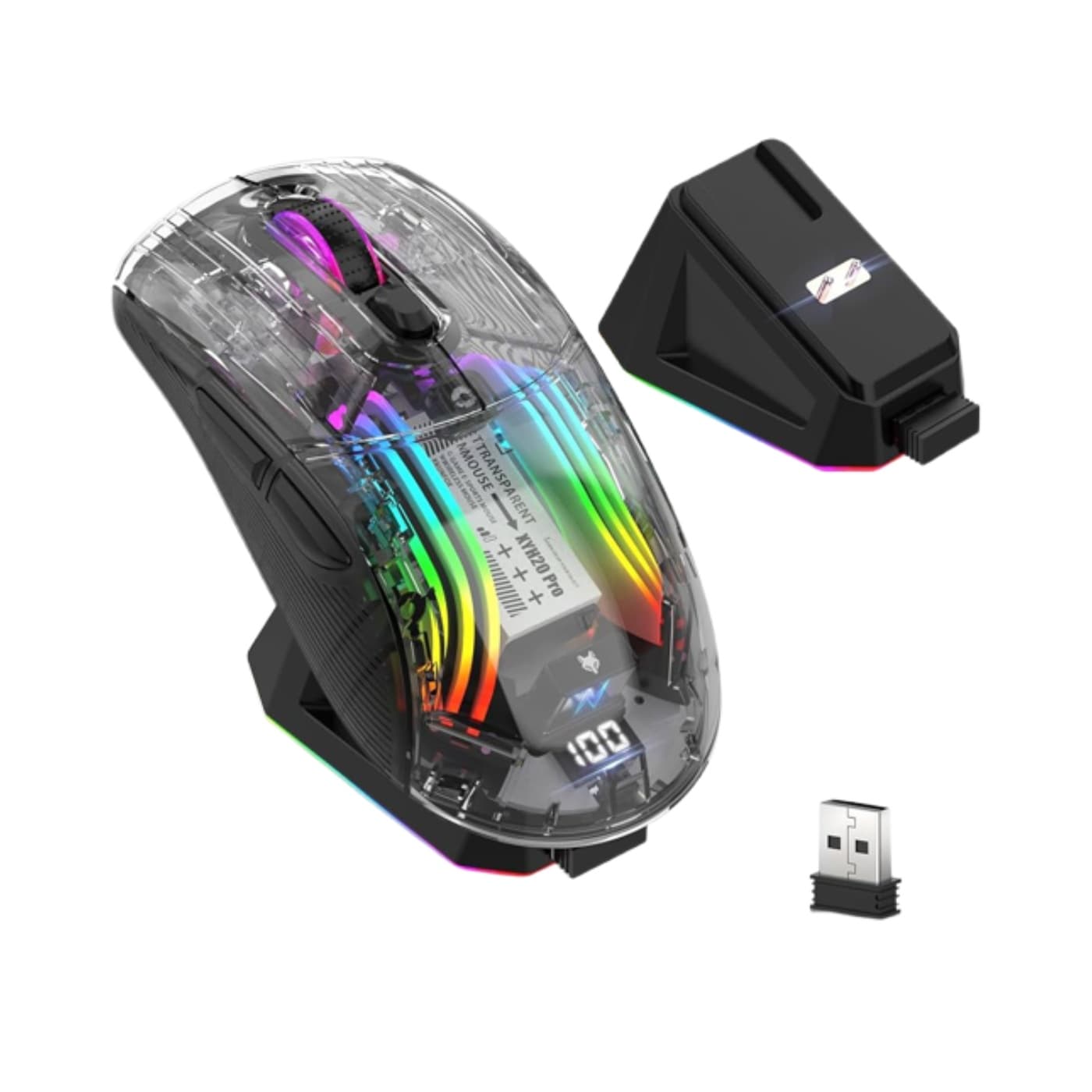 Tri-Mode (2.4G/BT/Wired) · 4000 DPI · Transparent RGB Shell · Silent Clicks